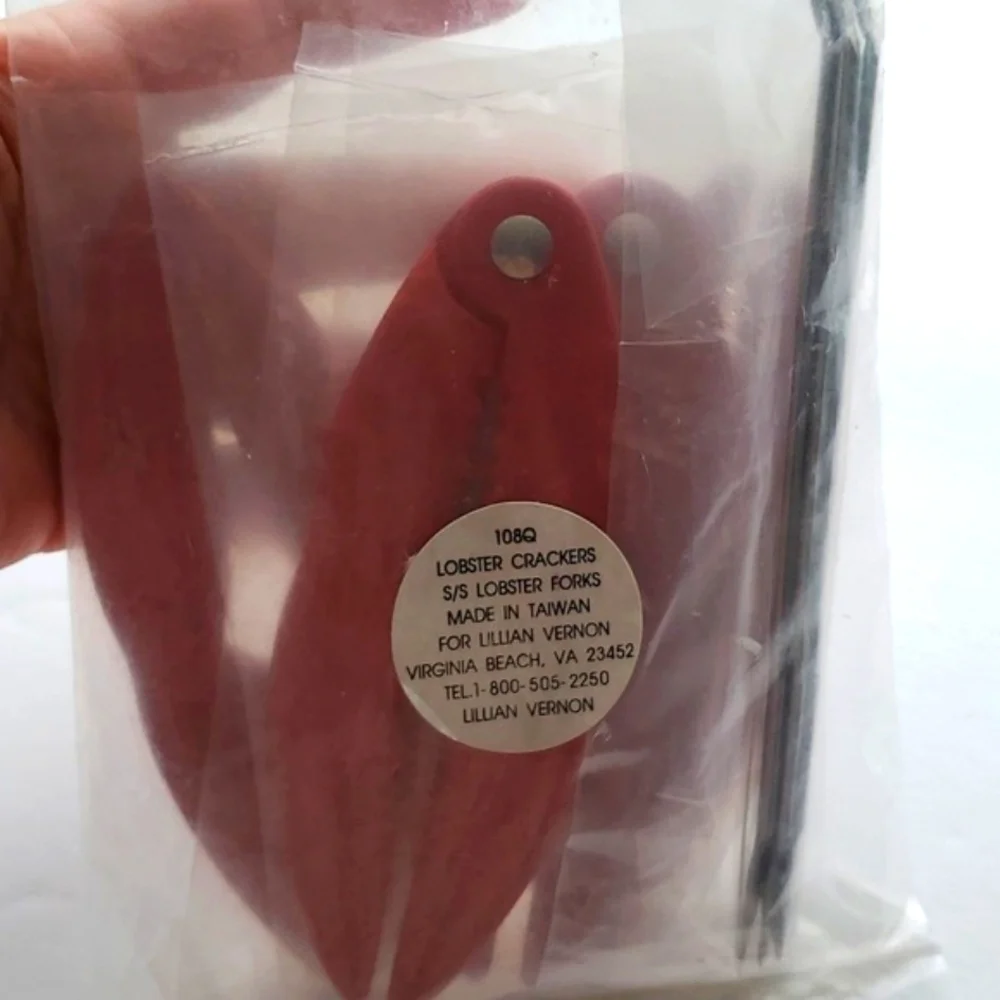 Vintage Lilian Vernon Set of 4 Red Enamel Lobster Cracker & Stainless Steel Fork